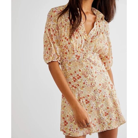 Free People Floral Orange Yellow Bonnie Button Down Dress Size Sm Boho Sheer - Picture 1 of 11